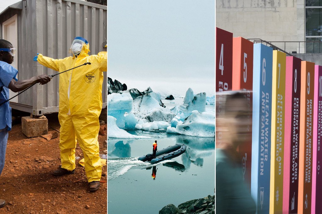 Composición fotográfica: Un trabajador médico es desinfectado después de tratar a pacientes de una enfermedad infecciosa; el lago de glaciares de Jökulsárlón; iconos de los 17 Objetivos de Desarrollo Sostenible de la ONU: