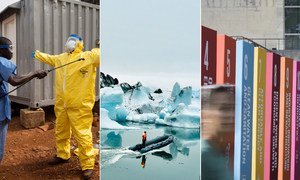 Un trabajador médico es desinfectado después de tratar a pacientes de ébola; el lago de glaciares de Jökulsárlón crece por el cambio climático; muestra de los logos de los Objetivos de Desarrollo Sostenible en la sede de la ONU.