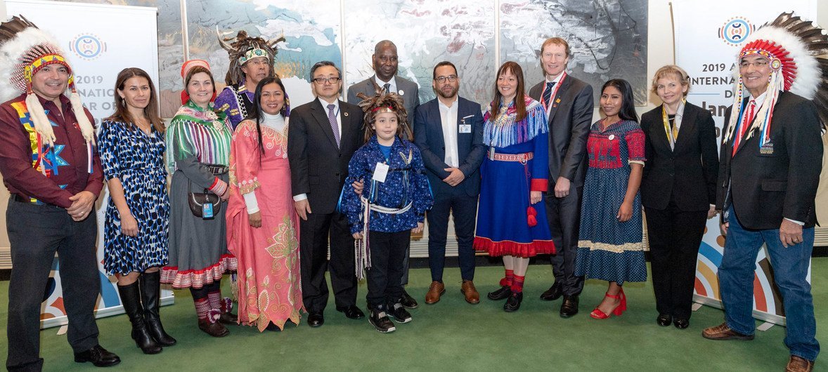 General Assembly President Tijjani Muhammad-Bande, and Liu Zhenmin, Under-Secretary-General for Economic and Social Affairs, with participants at the closing of the 2019 International Year of Indigenous Languages in New York.