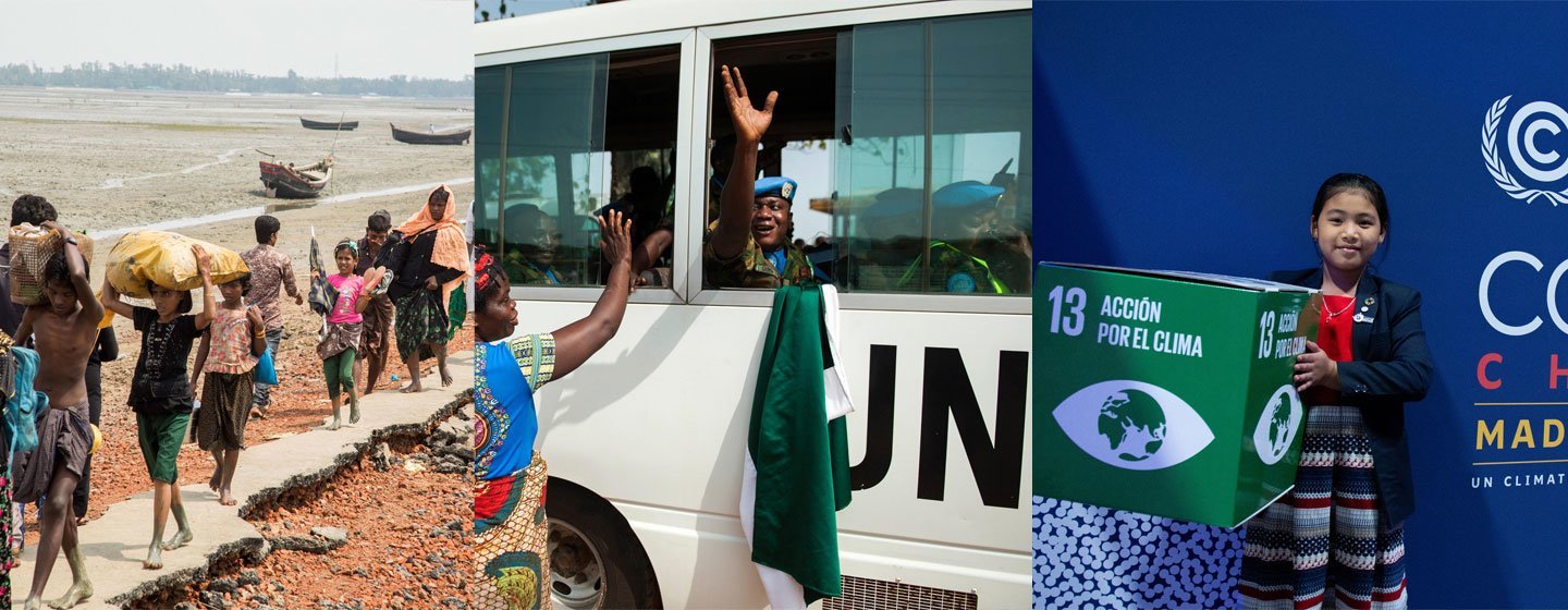 De g. à d. : Des Rohingyas du Myanmar arrivent à Cox's Bazar, au Bangladesh ; des Casques bleus au Libéria font leurs adieux ; la militante indienne pour le climat Licypriya Kangujam à la COP25.