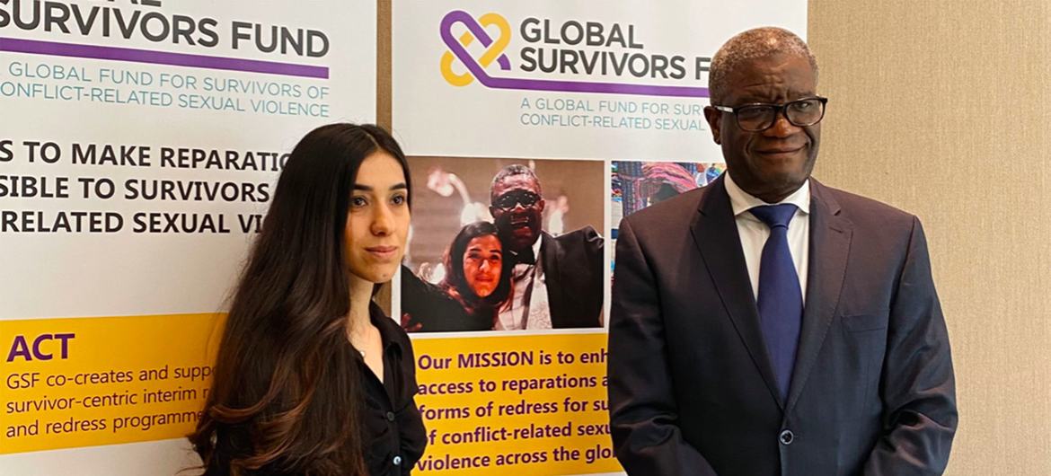 Denis Mukwege et Nadia Murad (à gauche), Prix Nobel de la Paix lors d’une visite à Genève pour l’inauguration officielle de l’ONG, Global Survivors Fund (Fonds mondial pour les survivantes).