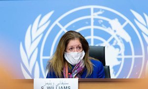 Stephanie Turco Williams, Représentante spéciale par intérim du Secrétaire général et chef de la Mission d’appui des Nations Unies en Libye, lors d'une conférence de presse à Genève 
