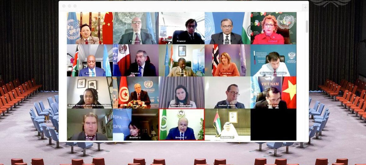 أعضاء مجلس الأمن يعقدون جلسة عبر تقنية الفيديو حول التعاون بين الأمم المتحدة وجامعة الدول العربية.