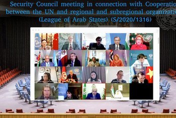 أعضاء مجلس الأمن يعقدون جلسة عبر تقنية الفيديو حول التعاون بين الأمم المتحدة وجامعة الدول العربية.