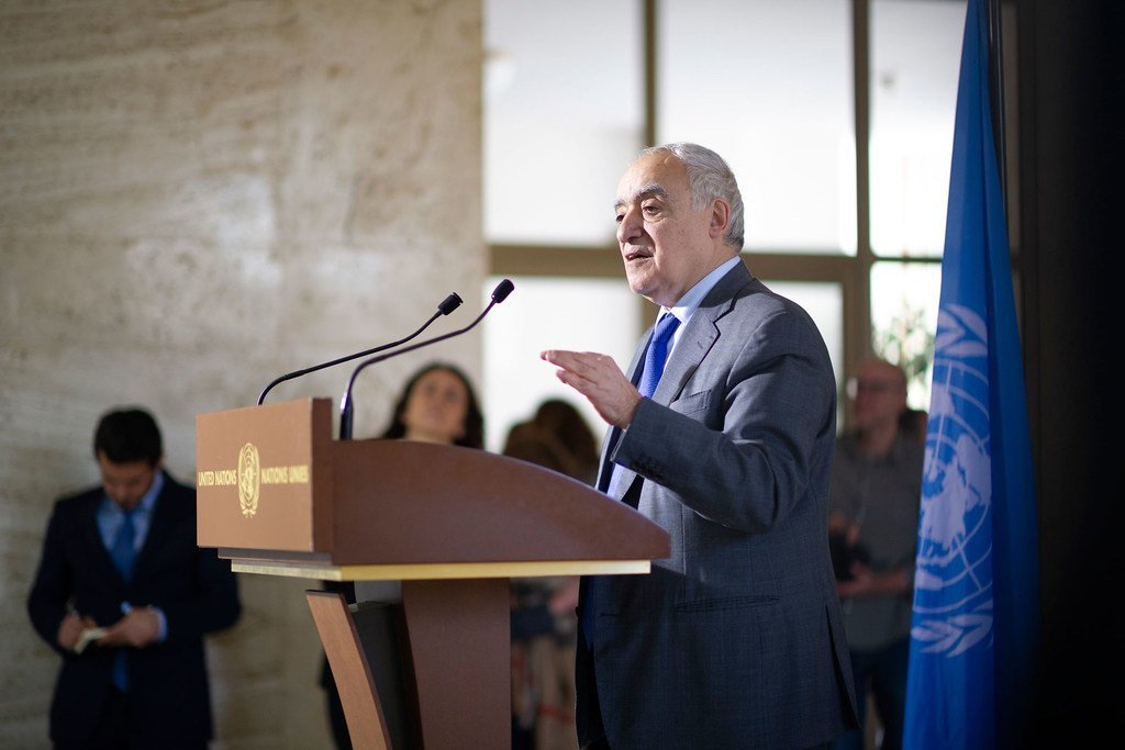 Ghassan Salamé, Représentant spécial du Secrétaire général pour la Libye, lors d'un point de presse à Genève.
