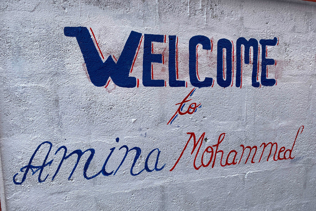 Sign welcoming UN Deputy Secretary-General Amina Mohammed.
