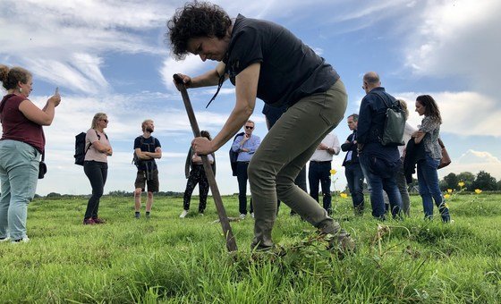 Farmer Monique van der Laan from farm De Beekhoeve in Kamerik, the Netherlands uses her shovel in the peat meadows, while surrounded by visitors 