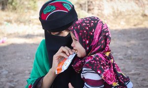 Mobile health clinics are distributing nutritional supplements to children in Yemen.