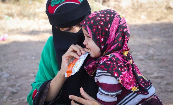 Mobile health clinics are distributing nutritional supplements to children in Yemen.