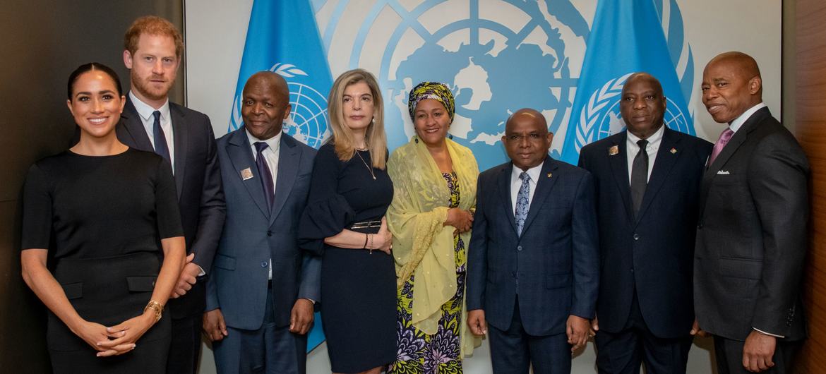 (Left to right) Meghan and Prince Harry, the Duchess and Duke of Sussex; Minister Mondli Gungubele in the Presidency of South Africa; Ambassador Maria Theofili of Greece; Deputy Secretary-General Amina Mohammed; General Assembly President Abdulla Shahid; 