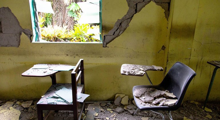 Une salle de classe d'une école des Cayes a été gravement endommagée par le séisme de magnitude 7,2 qui a frappé Haïti le 14 août 2021.
