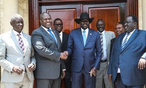 South Sudan’s President Salva Kiir (centre) and opposition leader Dr. Riek Machar met on 11 September 2019 in Juba.  This was their second face-to-face meeting.