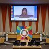 Malala Yousafzai, Prix Nobel de la paix (sur l'écran), prononce un discours lors de la réunion virtuelle de haut niveau sur les Objectifs de développement durable.