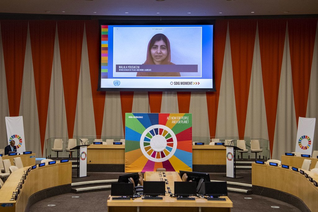 联合国和平使者、诺贝尔奖获得者马拉拉通过视频以在线方式参加了可持续发展目标时刻发起活动。