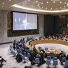 A wide view of the Security Council as Ghassan Salamé (on screens), Special Representative of the Secretary-General and Head of the UN Support Mission in Libya (UNSMIL) briefs.