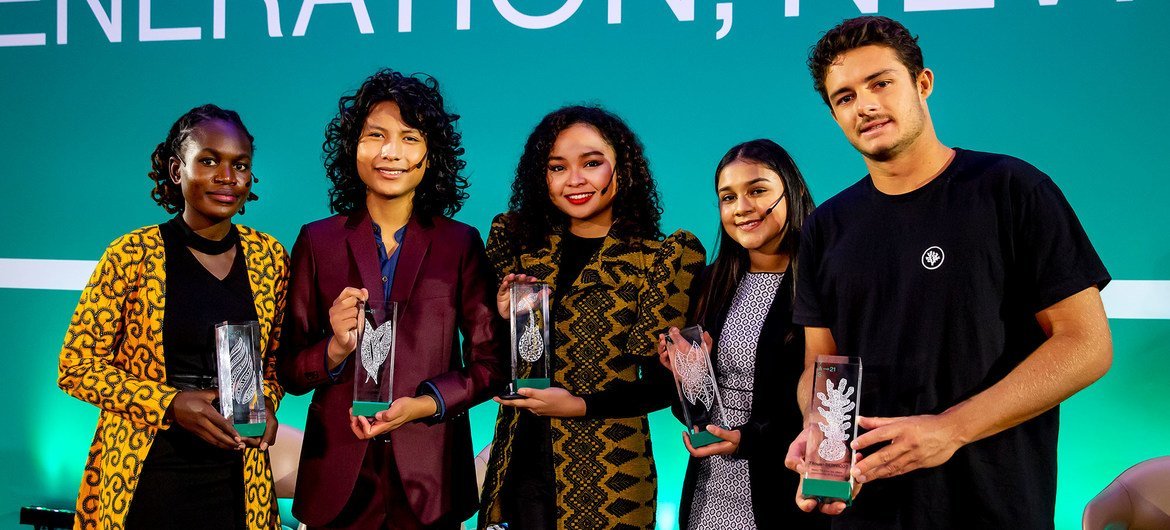 Pictured are five of the six young change-makers who were honoured at the 2021 Young Activists Summit held in Geneva. 