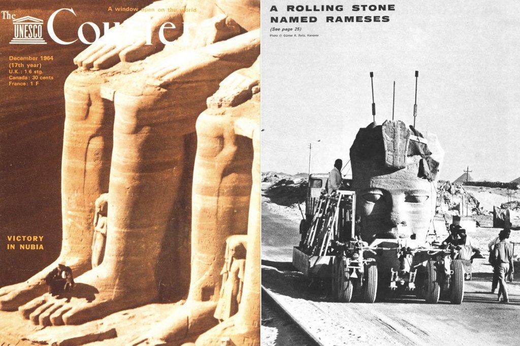 左图：教科文组织《信使》杂志1964年12月封面；右图：《信使》杂志1967年2月封底，均以“挽救努比亚文化遗产”为主题。