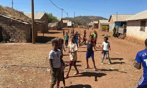 Eritrean children play in the Adi Harush refugee camp in Tigray, northern Ethiopia.