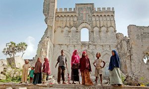 Children stand before the remains of Mogadishu cathedral, built by the Italian colonial authorities in Somalia. (file)