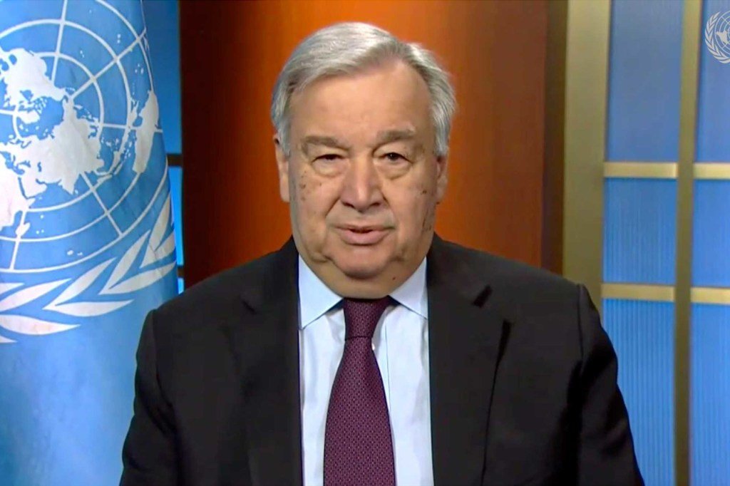 Le Secrétaire général de l'ONU António Guterres donne une conférence de presse virtuelle sur la crise mondiale du Covid-19.