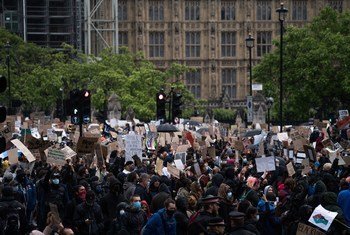 People protest in London in support of Black Lives Matter. June 2020.