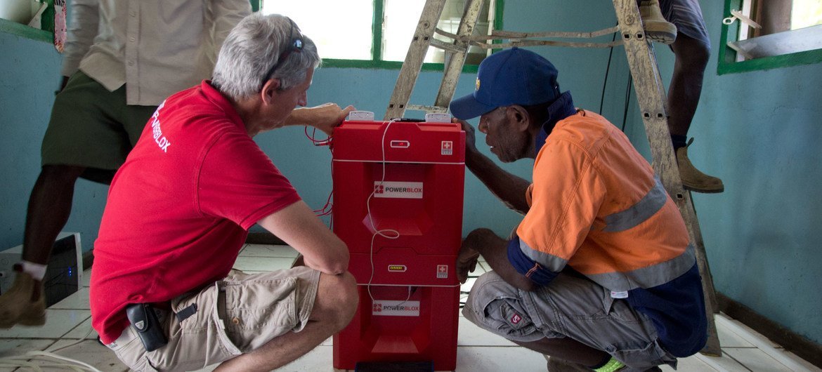 New power cube technology on display in Vanuatu. The cubes are charged with electricity using solar rays.  