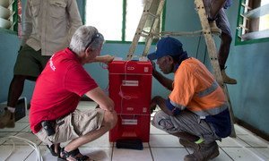 New power cube technology on display in Vanuatu. The cubes are charged with electricity using solar rays.  