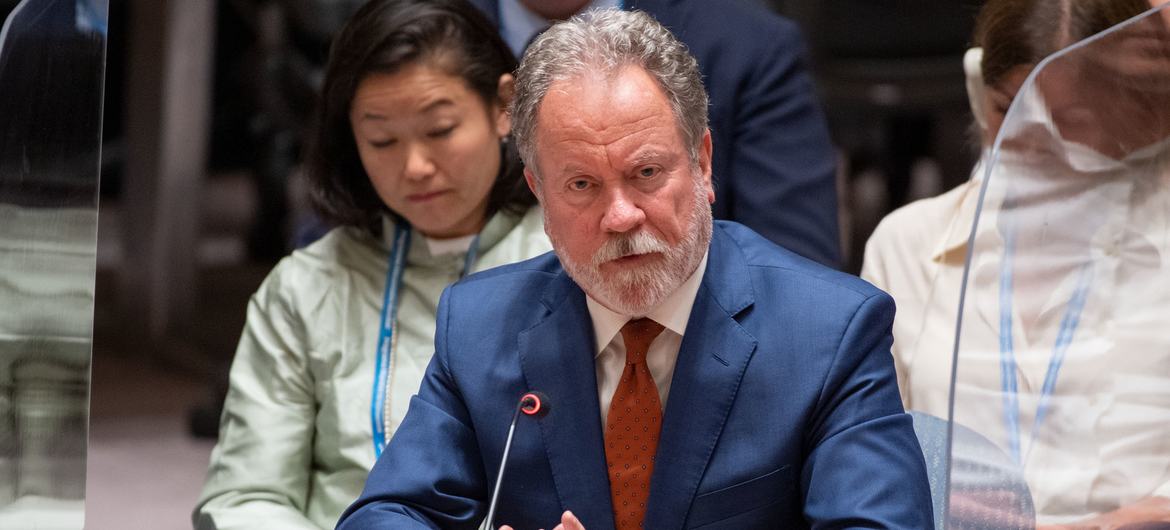 David Beasley, Executive Director of the UN World Food Program, briefs the Security Council meeting on conflict and food security under the maintenance of international peace and security.