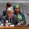 الأمين العام للأمم المتحدة مخاطبا جلسة مجلس الأمن حول الصراع والأمن الغذائي والتي ترأسها وزير خارجية الولايات المتحدة أنتوني بلينكن.
