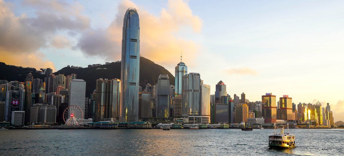 The skyline of Hong Kong harbour.