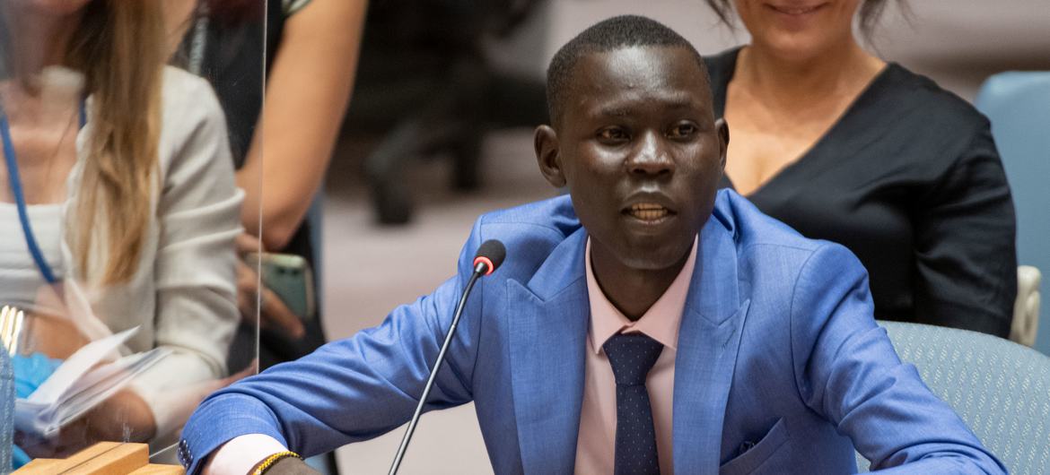 Patrick Kumi, Founder and Executive Director of the NGO Similar Ground, briefs UN Security Council members on children and armed conflict.