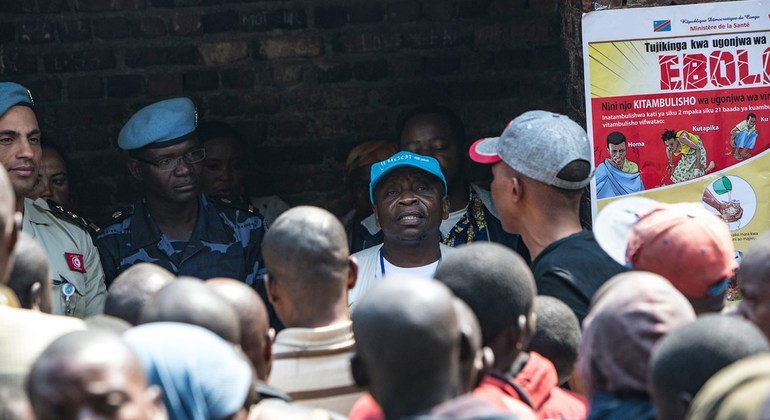 UN peacekeepers support a UNICEF Ebola sensitization programme at a prison in Butembo, in the east of the Democratic Republic of the Congo. (August 2019)