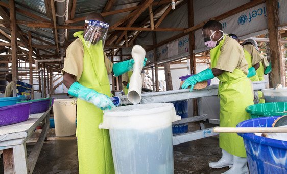 Staff at the Katwa Ebola treatment Unit in Butembo in the east of the Democratic Republic of the Congo disinfect boots and wash clothes. (August 2019)