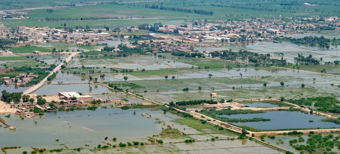 An aerial view of the devastated landscape shot during Secretary-General António Guterres' solidarity visit to Pakistan where he witnessed the impact of the floods in the provinces of Sindh and Balochistan. 