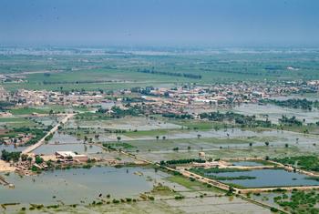 An aerial view of the devastated landscape shot during Secretary-General António Guterres' solidarity visit to Pakistan where he witnessed the impact of the floods in the provinces of Sindh and Balochistan. 