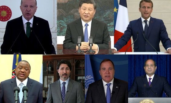 一组照片拼贴，展示了六位世界领导人在北京+25峰会上发表讲话，倡导妇女权利。