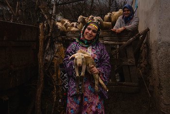土耳其乡村一名穿着传统服装的妇女抱着她的一只动物。