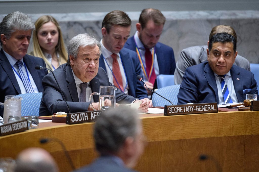 Le Secrétaire général de l'ONU, António Guterres, lors d'une réunion du Conseil de sécurité.