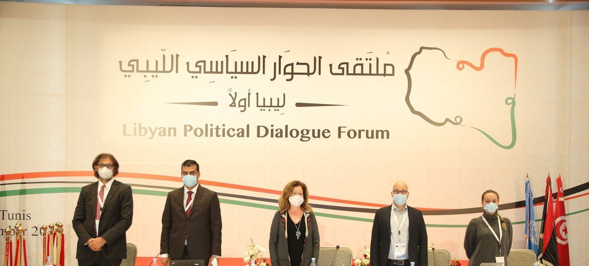 Acting Representative of the Secretary-General for Libya, Stephanie Williams (centre), during the first round of the Libyan Political Dialogue Forum, which was held in Tunis.
