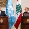 Secretário-geral António Guterres durante conferência de imprensa com o presidente do Líbano, Michel Aoun, em Beirute.