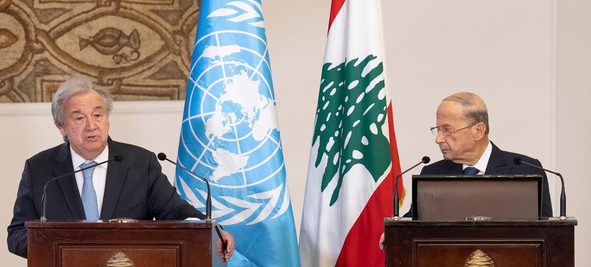Secretary-General António Guterres during a press conference with Lebanese President Michel Aoun in Beirut.