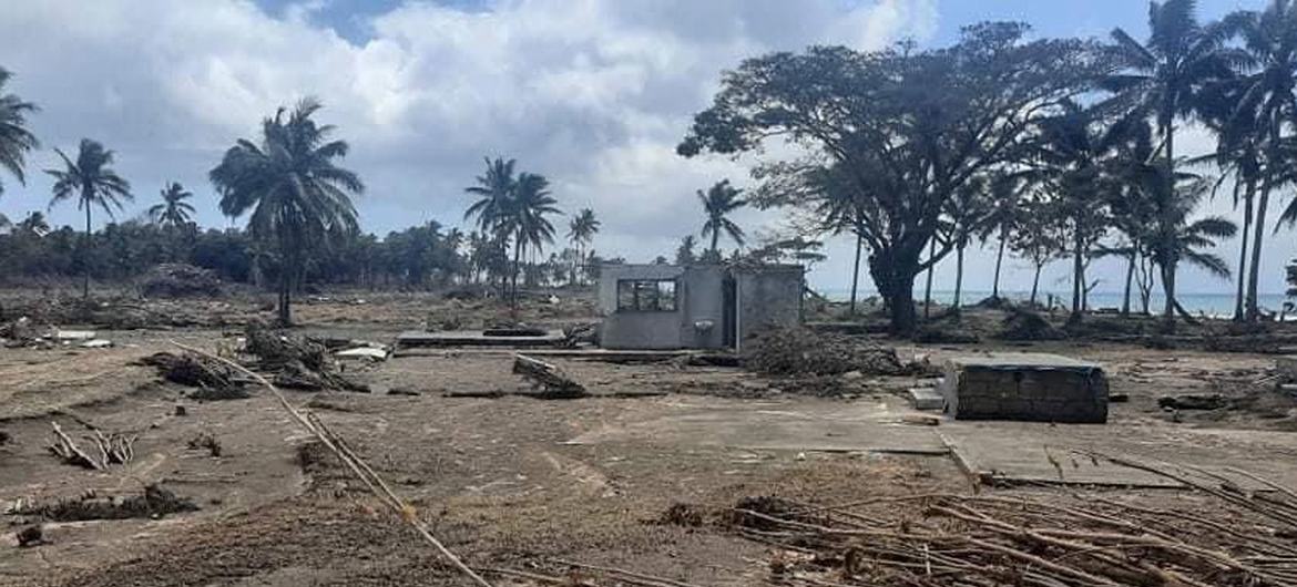 Damage caused in Tonga’s capital, Nuku’alofa, by the volcano eruption and subsequent tsunami on 15 January 2022. 