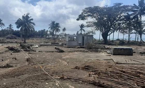 Damage caused in Tonga’s capital, Nuku’alofa, by the volcano eruption and subsequent tsunami on 15 January 2022. 