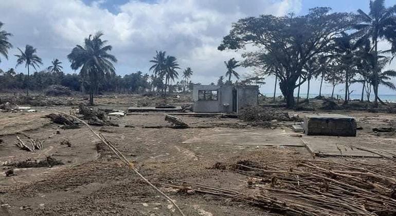 Damage caused in Tonga’s capital, Nuku’alofa, by the volcano eruption and subsequent tsunami on 15 January 2022. 