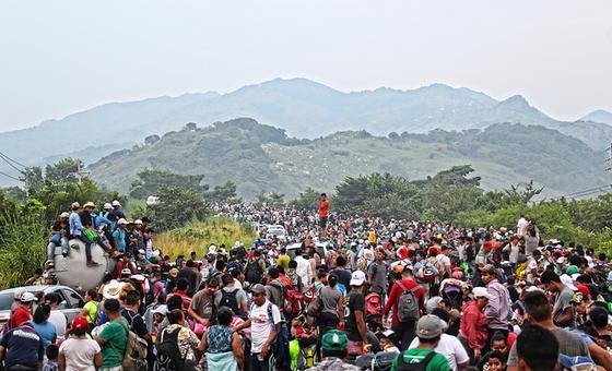 Central american migrant caravan passing by Chiapas, Mexico on their way to United States. 2018.