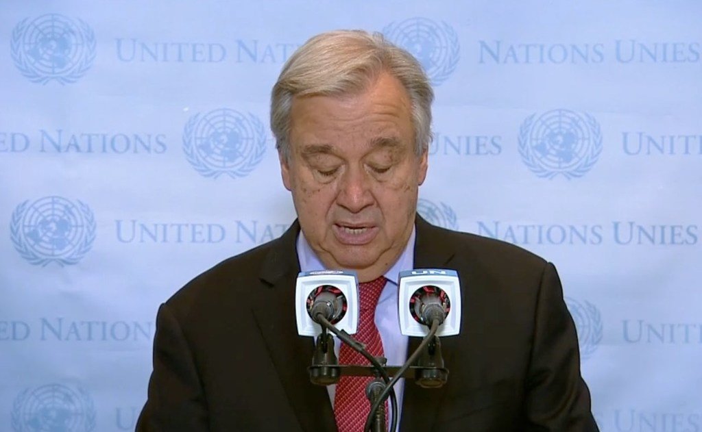 أمين عام الأمم المتحدة أنطونيو غوتيريش بوقف إطلاق النار بين غزة وإسرائيل. 20-05-2021.