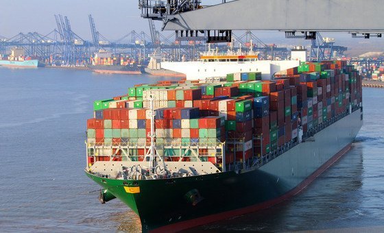 A container ship unloads its cargo at a port.