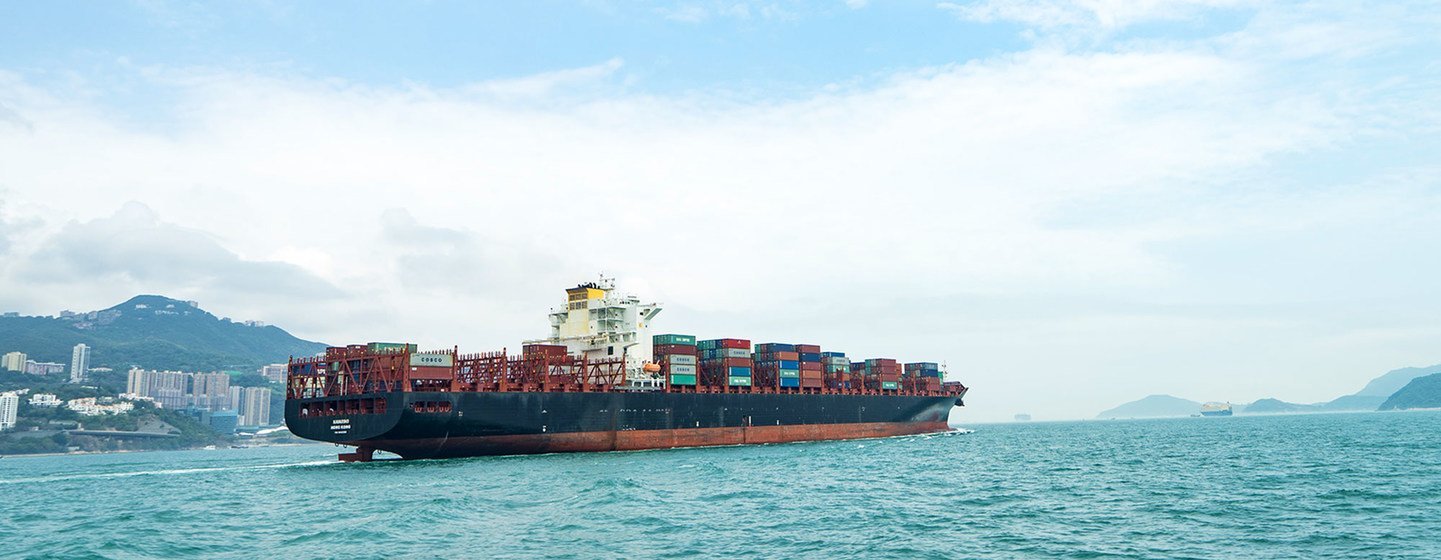 A containter ship sails near Hong Kong Island.