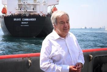 UN Secretary-General António Guterres takes a pilot ship through the Marmara sea in Turkey to view the Brave Commander.