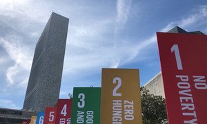 Sustainable Development Goals (SDGs) banners outside the United Nations Headquarters in New York. 20 September 2019.